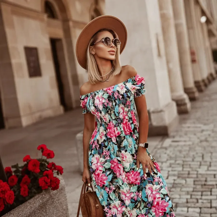 Vrouwen vierkante kraag katoenen print jurk casual korte mouw slanke hoge taille bloemen uit de schouder vakantie strand lange jurk