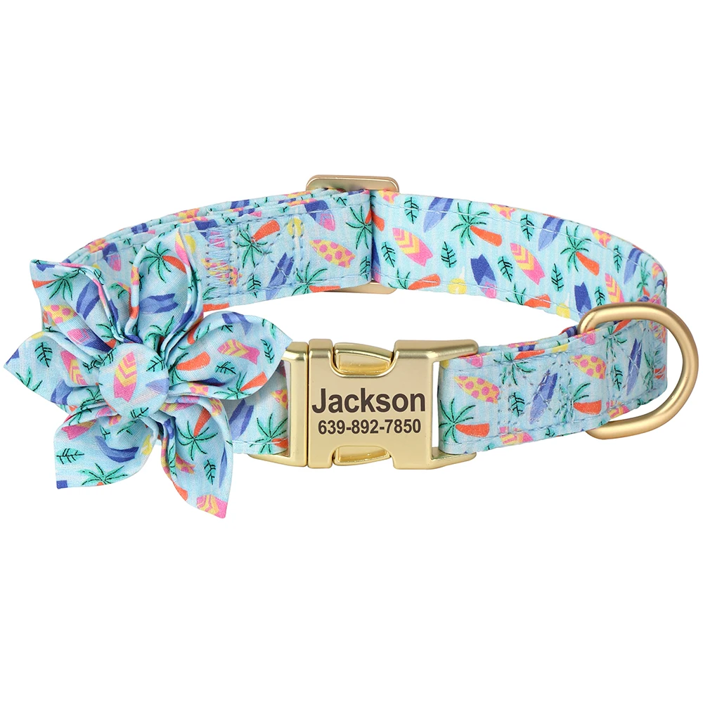 Personalized Dog Buckle Collar Nylon Print Dogs ID Collars Free Engraved Pet Necklace With Flower Accessory For Small Large Dogs