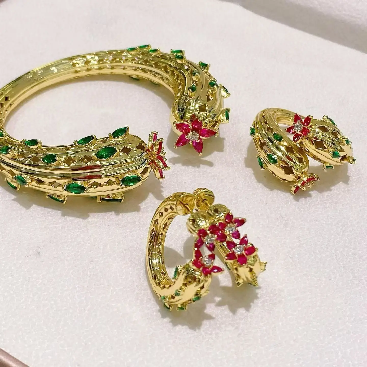 925 Silver Lab Red Corundum Green Emerald Gemstone The Desert Flower of Cacti Cuff Bangle Hoop Earrings Open Rings Jewelry Set - view 3