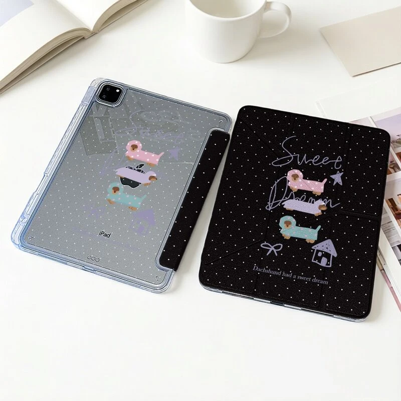 Korean Cute Dachshund Polka Dot Y-Fold Cover For iPad Pro 13 11th M5 M4 12.9 A16 10 8 7 9th 10th Air 11 M2 M3 Mini Tablet Case