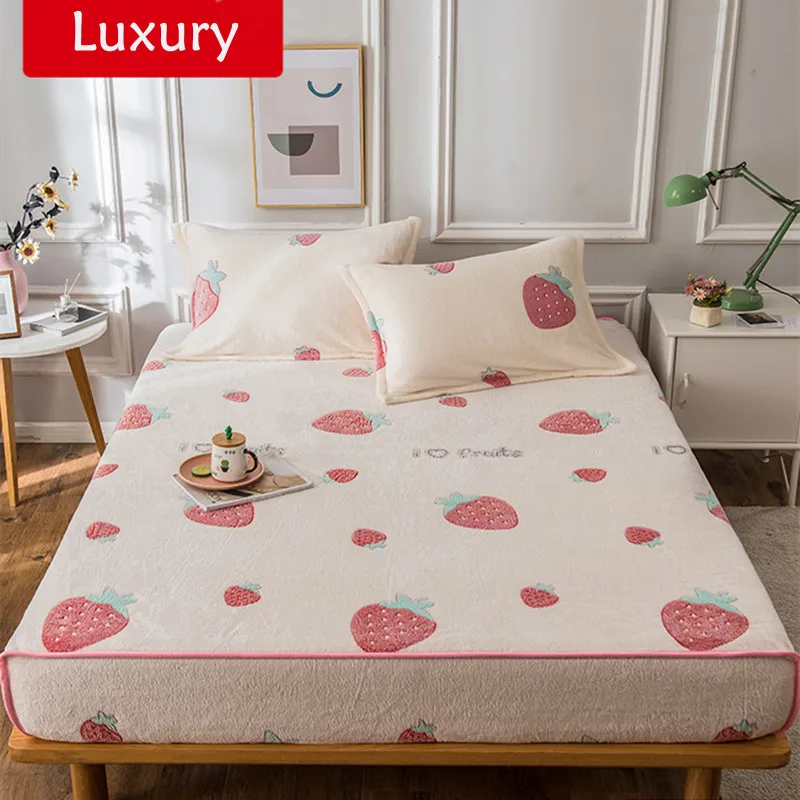 Winter Elastic Fitted Sheet Home Single Double Coral Fleece Mattress Cover Winter Warm Bed Sheet 150x200 180x200cm Bedspread 1pc