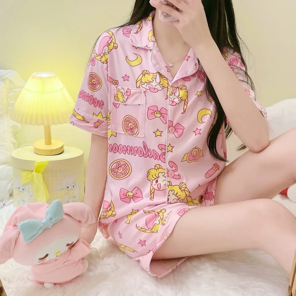 Sailor Moon Woman Anime Cute Pajama Set Girl Cartoon Printed Homewear Adult Kawaii Fashion Loungewear Summer Casual Pijamas Gift