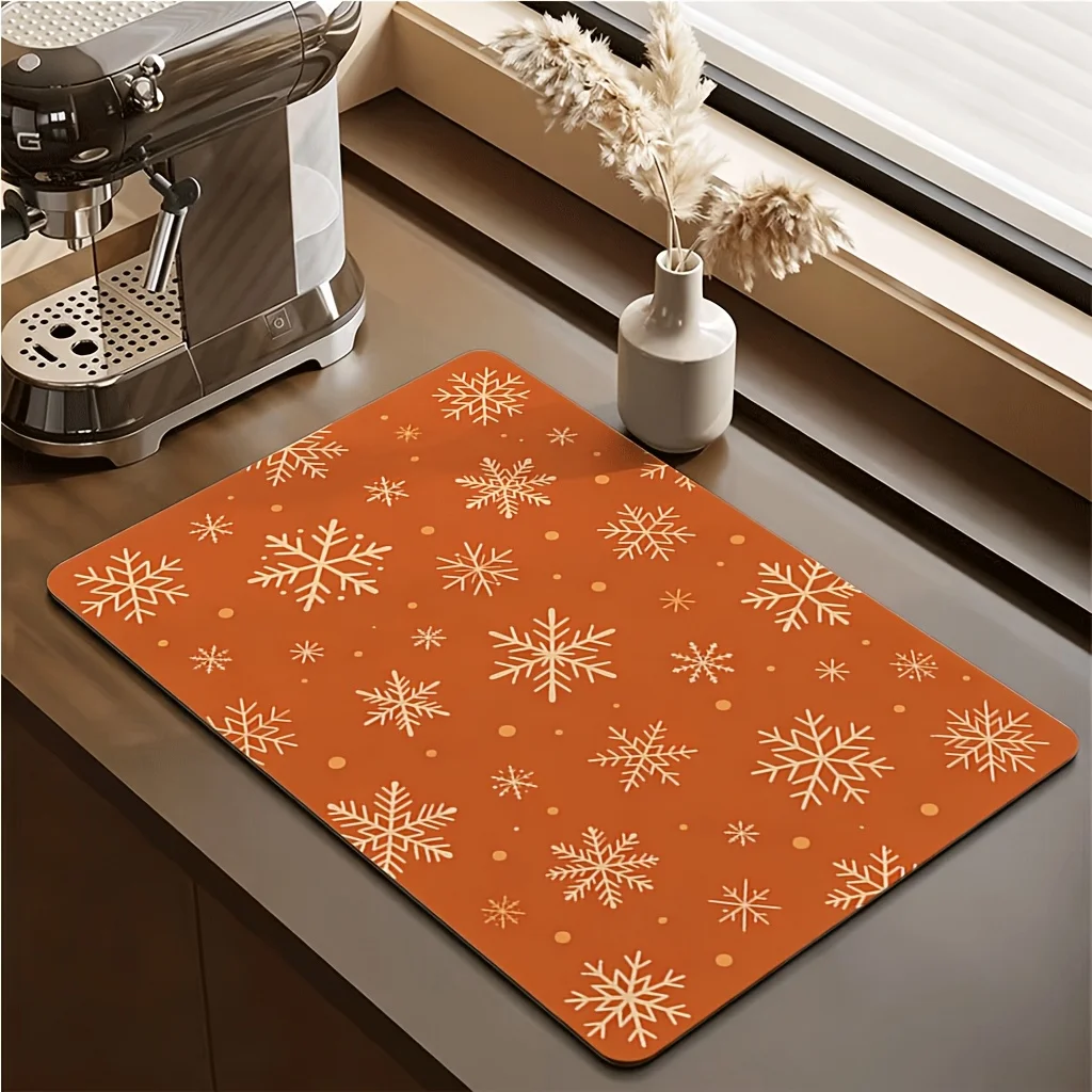 Orange White Snowflake Print Durable Washable Kitchen Countertop Drying Mat For Winter Home Workspace Accent