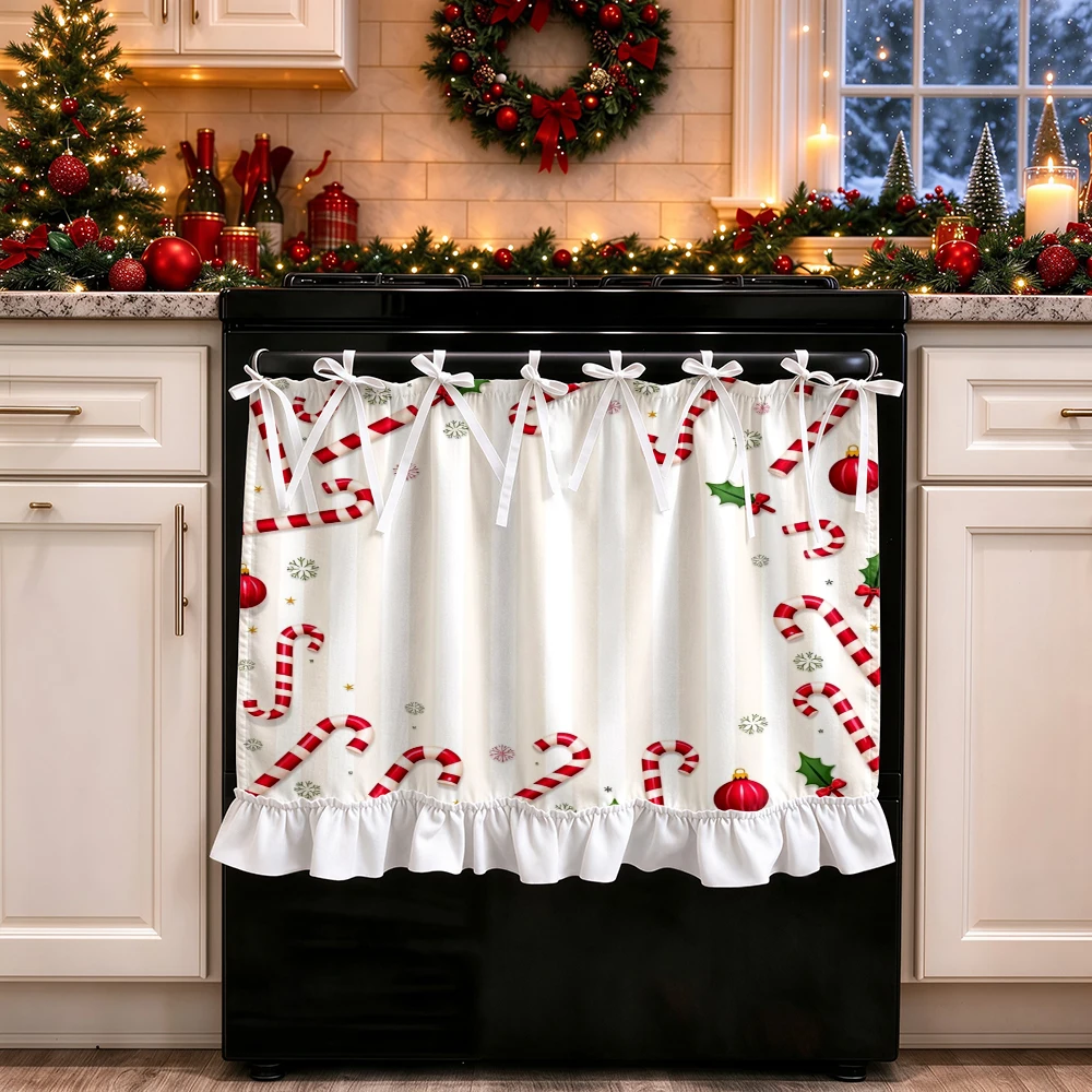 1PC lace up kitchen curtain, ruffled hem, 2D flat Candy Cane Holly pattern, cabinet cover curtain, Christmas home decoration
