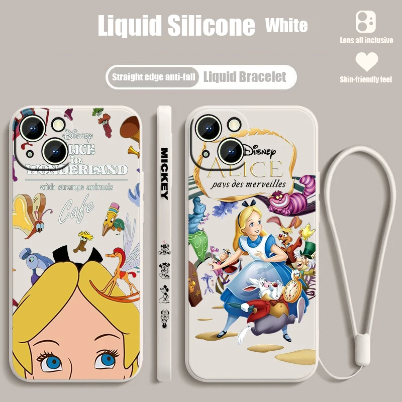 Disney Alice Cute For iPhone 15 14 13 12 11 Pro Max 8 7 Plus XR XS X Liquid Left Rope Phone Case