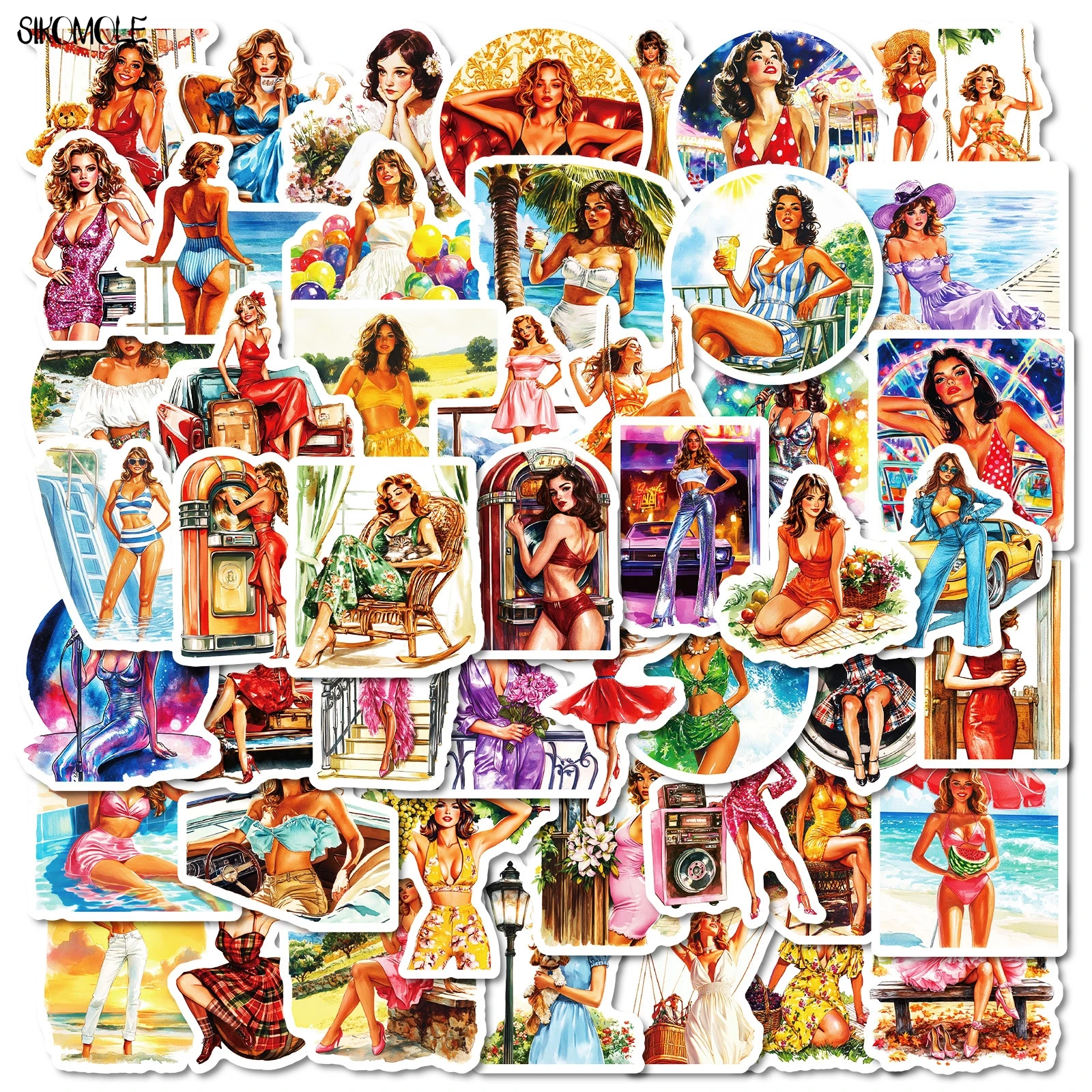 10/30/50PCS Summer Retro Fashion Swimsuit Girl Graffiti Stickers Sexy Aesthetic DIY Kid Travel Luggage Fridge Decal Sticker Pack