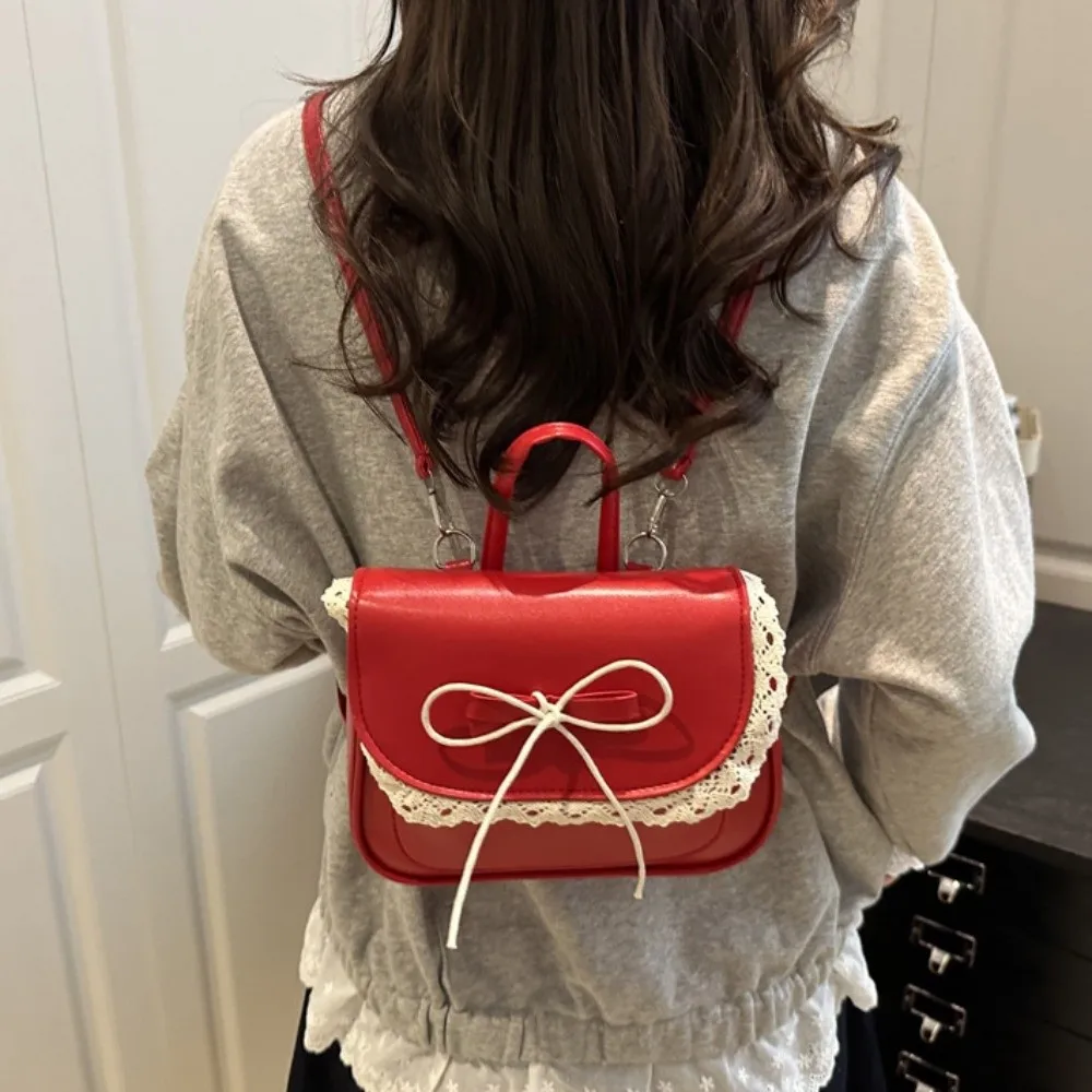 Simple Mini Lace Bow Backpack Kawali Korean Style PU Leather Bag Elegant with Handle Shouder Bag Students