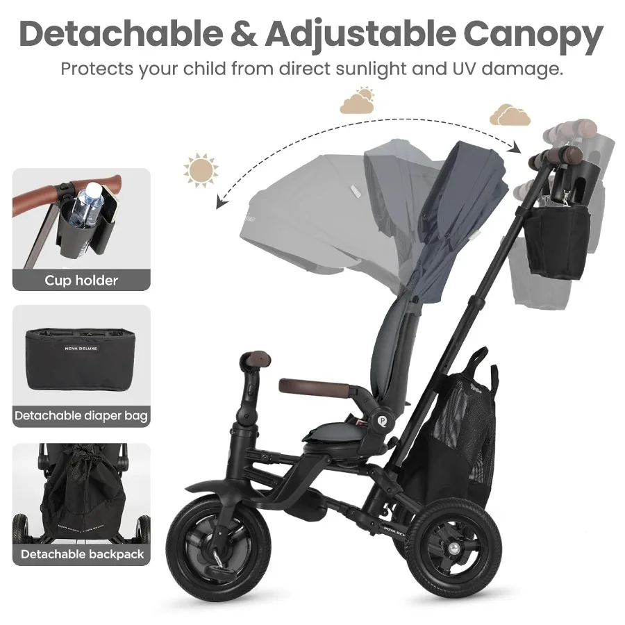 10ヶ月から6歳までのベビーバイク兼ベビーカー、8in1折りたたみ式幼児用バイク兼ベビーカー、取り外し可能なキャノピーとガードレール付き