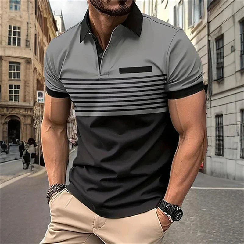 Camisa masculina de golfe manga curta estampada em bloco colorido, casual de grandes dimensões, estilo empresarial, maduro, charmoso, tops necessários para o verão