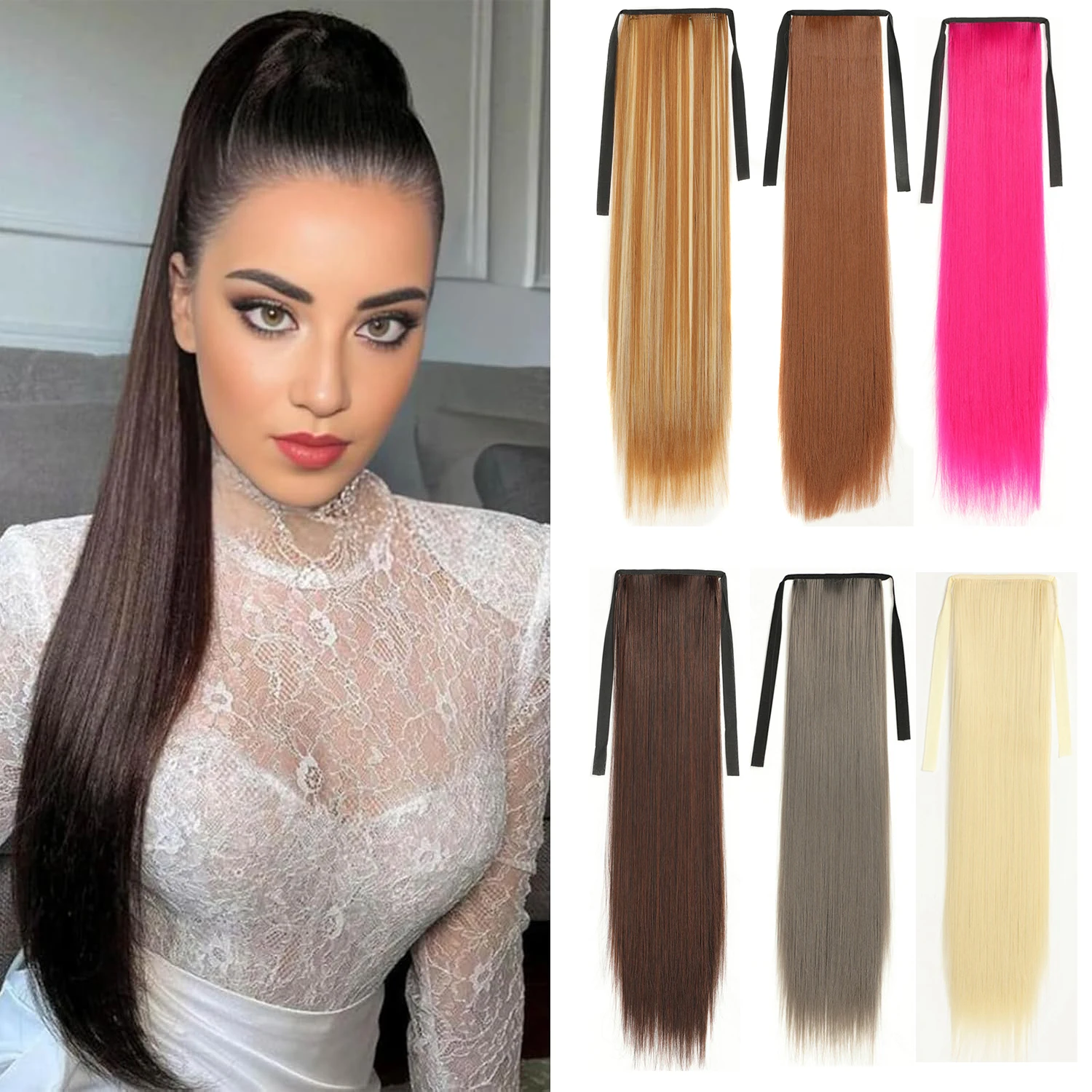 Ponytails with Ribbon Long Straight Drawstring Ponytail Hair Extension Quick Styling Daily Wear Synthetic Hairpiece for Women