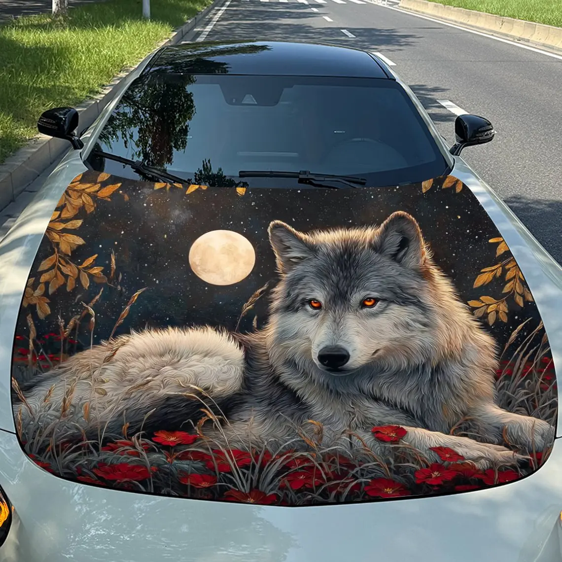 

Flower Red Eyes Wolf Car Hood Stickers-Gothic Flower Skull Design,Durable PVC Vinyl Packaging,Enhanced Protection And Style,Easy