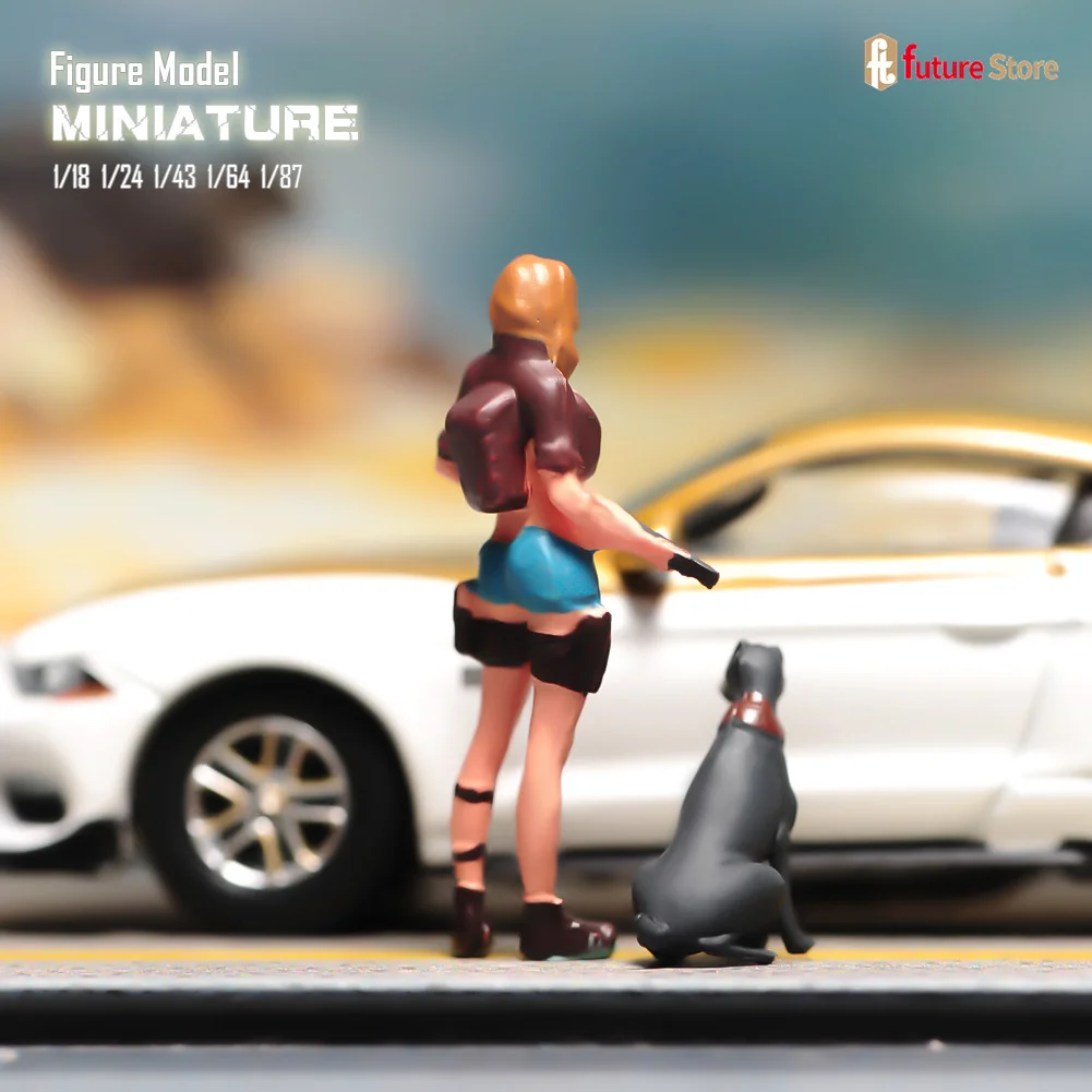 Miniatures Figures Painted 1/64 Punk Beauty Girls Hunter Dog Figure Doll Figurine Creative Scene Prop For Cars Decor Crafts