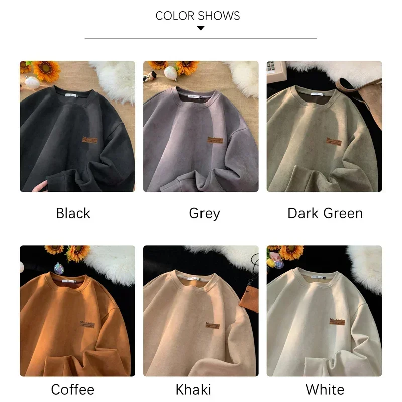 TFETTERS 2026 Suede Sweatshirt Mens Autumn Winter New Retro Japan Pullover Long Sleeve Letter Streetwear O Neck Clothes for Men