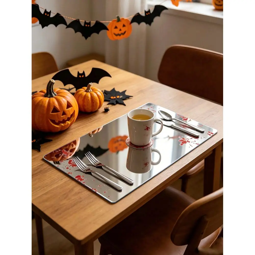 Bloody Splatter Claw Mark Stripe Mirror Acrylic Placemats, Spooky Scary Horror Rectangular Table Mats, Halloween Haunted House