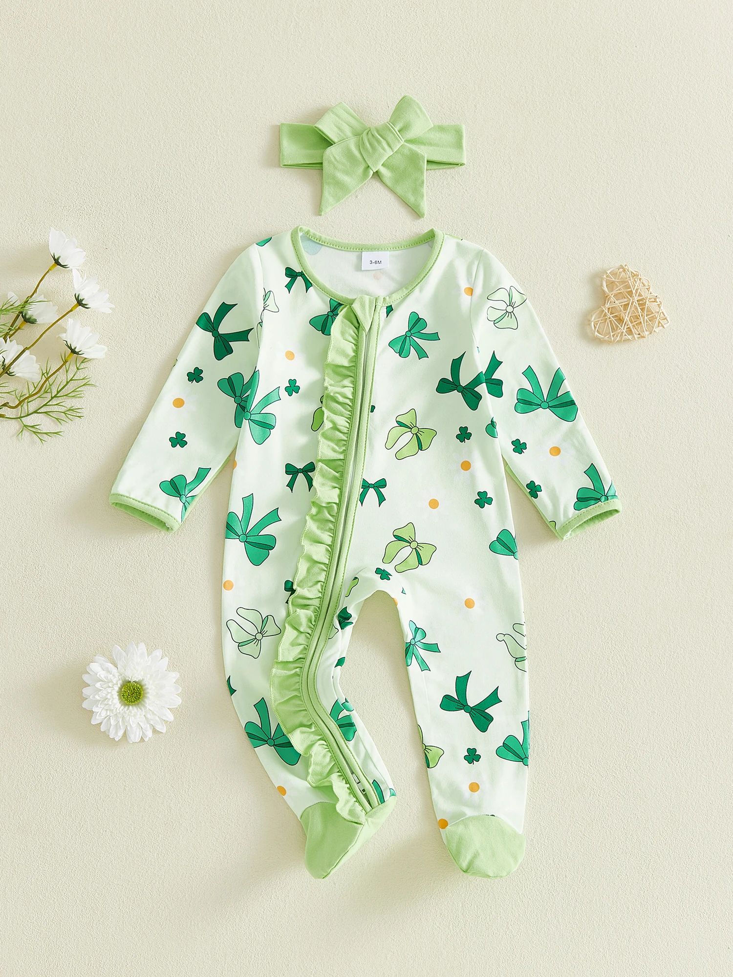 

Irish Princess Baby Girl St Patrick s Day Clover Print Romper with Ruffled Sleeves and Matching Headband Bow