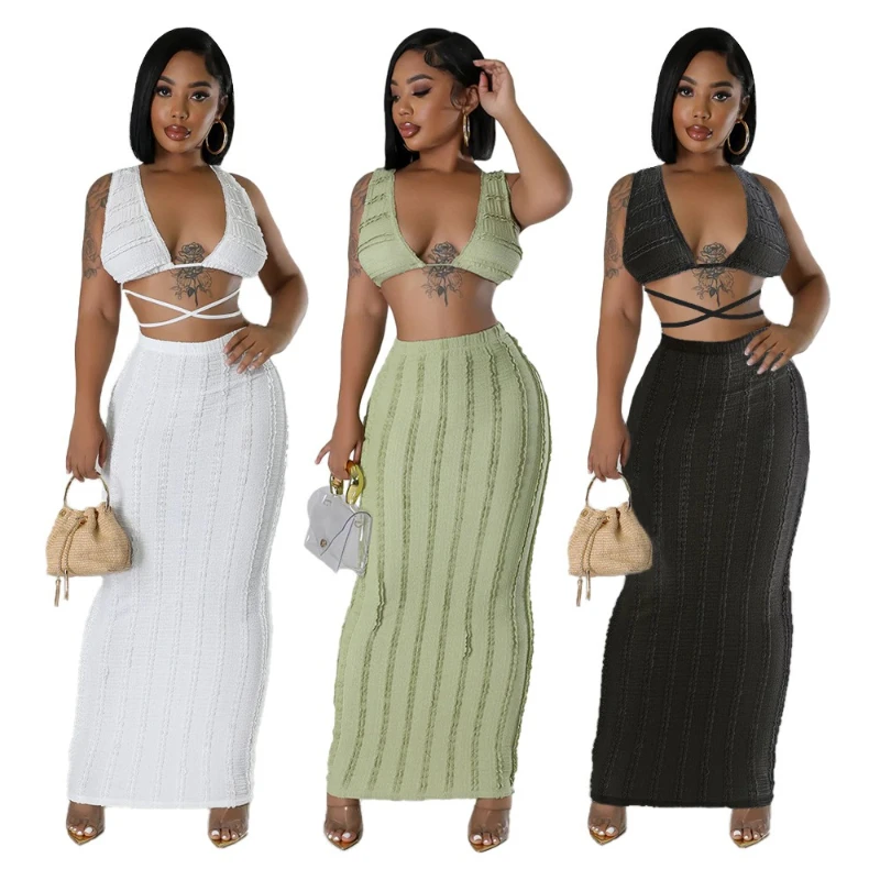 Two Piece Sets Women Skirt Set V Neck Matching Sets Backless Lace Up Tops Long Skirts A Line High Waist Dress Sets Sexy Y2k