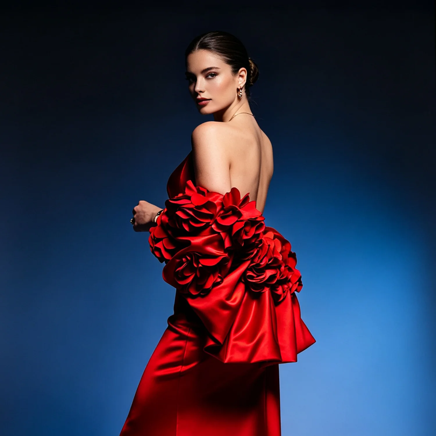 Red Satin 3D Floral Detachable Off Shoulder Sleeves Oversized Rose Puff Shrug for Evening Gown Wedding Party Prom Formal Photosh