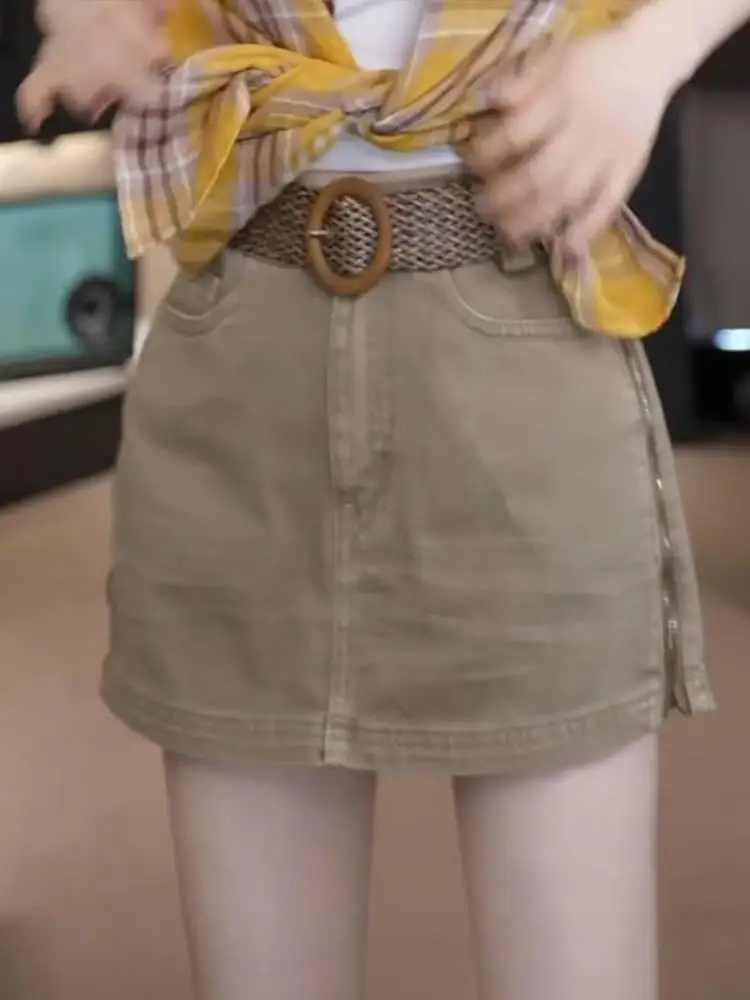 Khaki Retro High Waist  Skirt Women's Style Summer Anti-Light Denim Short Skirts Bodycon Casual Fashion Korean Version