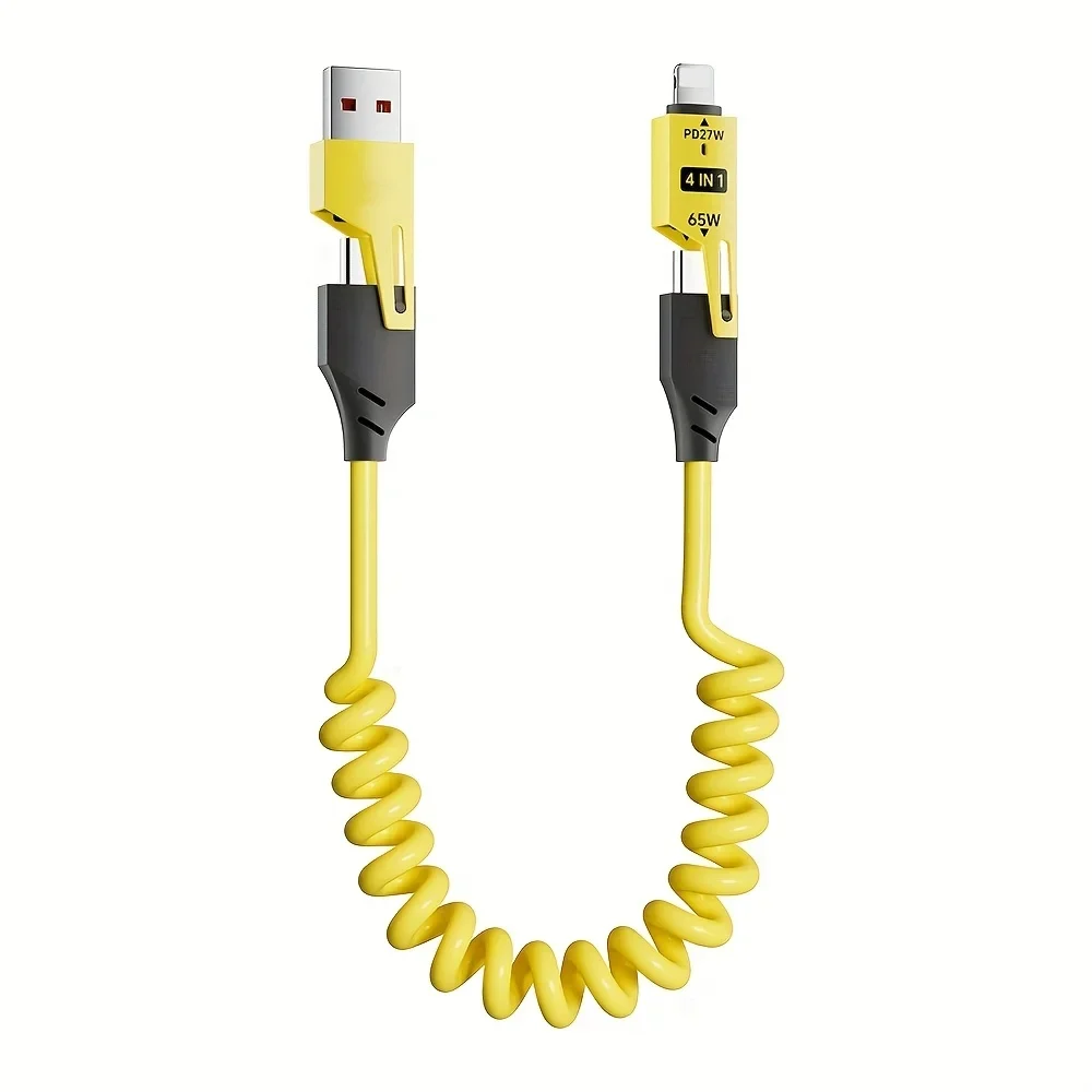 كابل شاحن سريع محمل بنابض السيارة 4 في 1 معتمد من Apple MFi - كابل USB-C متعدد الوظائف بحد أقصى 65 وات