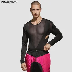 INCERUN Sexy Men's Bodysuit Mesh See-through Splicing Hollow Homewear Rompers Fashion Long Sleeve Triangle Jumpsuits S-5XL 2024