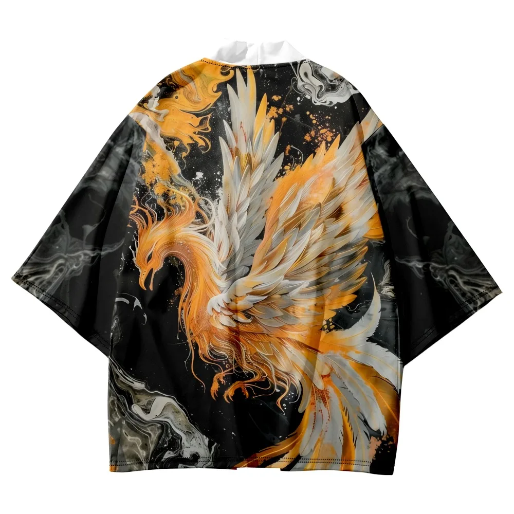 2025 Men Cardigan Haori Japanese Anime Phoenix Print Kimono Harajuku Women Beach Yukata Plus Size Oversized Coat