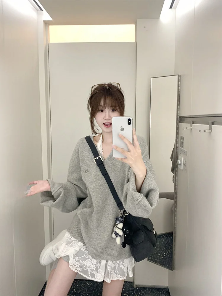 

Warm CallmeEar Women's Knitted Sweater V-ne Loose Fit Wool Blend Long Sve Casual Sle Online Exclusive Autumn 2024