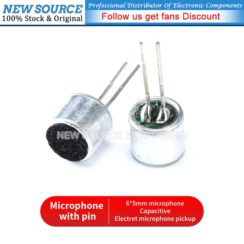 Microfone eletrostático capacitivo Pickup Mic, Pin DIP, 6x5mm, 56DB, 20pcs por lote