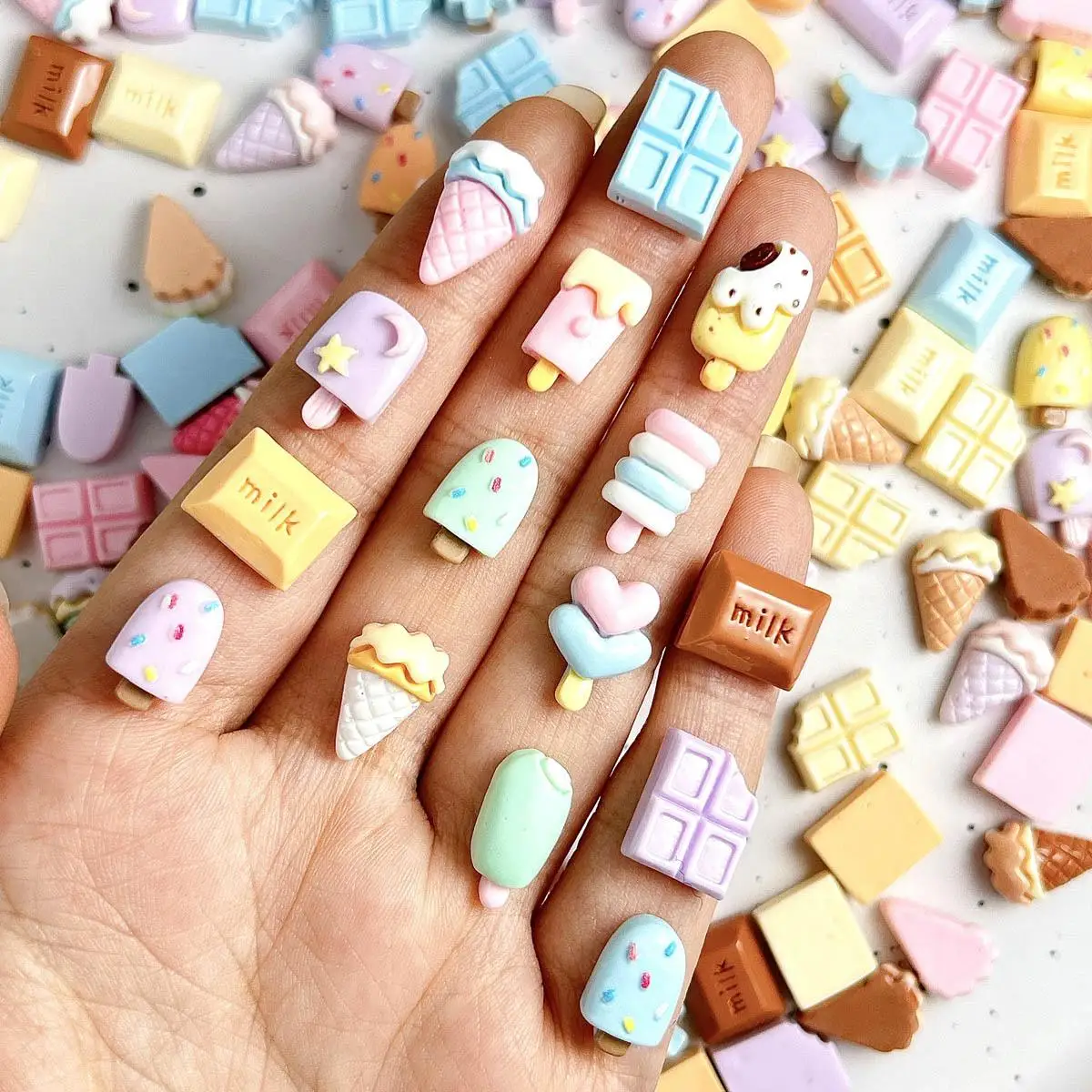 

Multiple Styles Ice Cream Chocolate Nail Charms Macaron Colored Popsicle Notched Chocolate Resin Nail Art Decorations DIY Nails