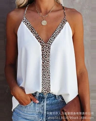 Women's Casual Tank Top 2024 Spring Summer Latest Leopard Print V-Neck Satin Cami Top Chic Sling Spaghetti Strap Vacation Vest