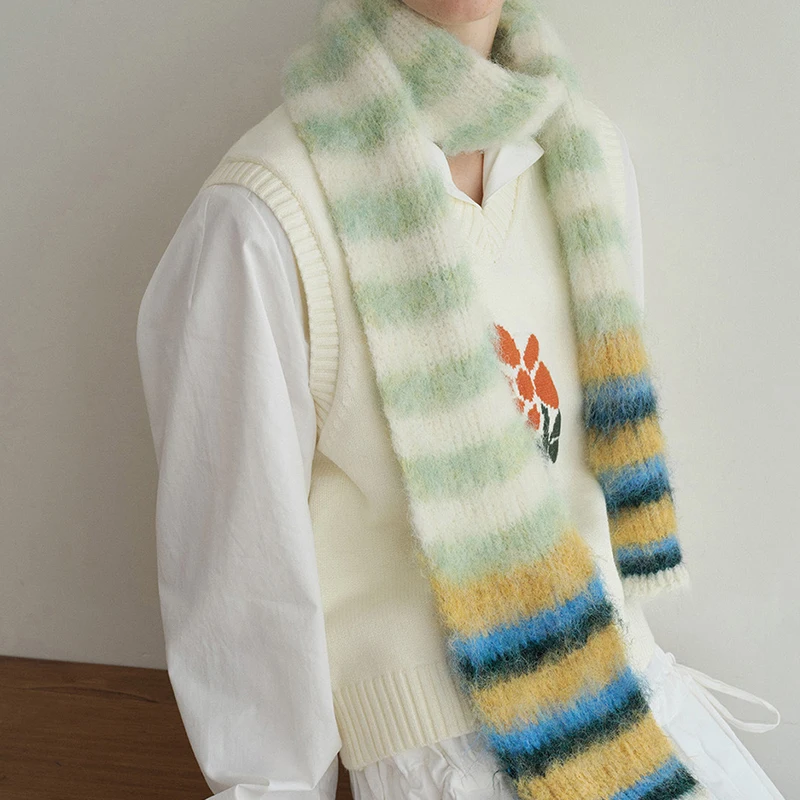 Striped Plush Scarf Women's Niche Design Sense Spice Girl Versatile Decoration Korean Version Thin and Narrow Long Scarf