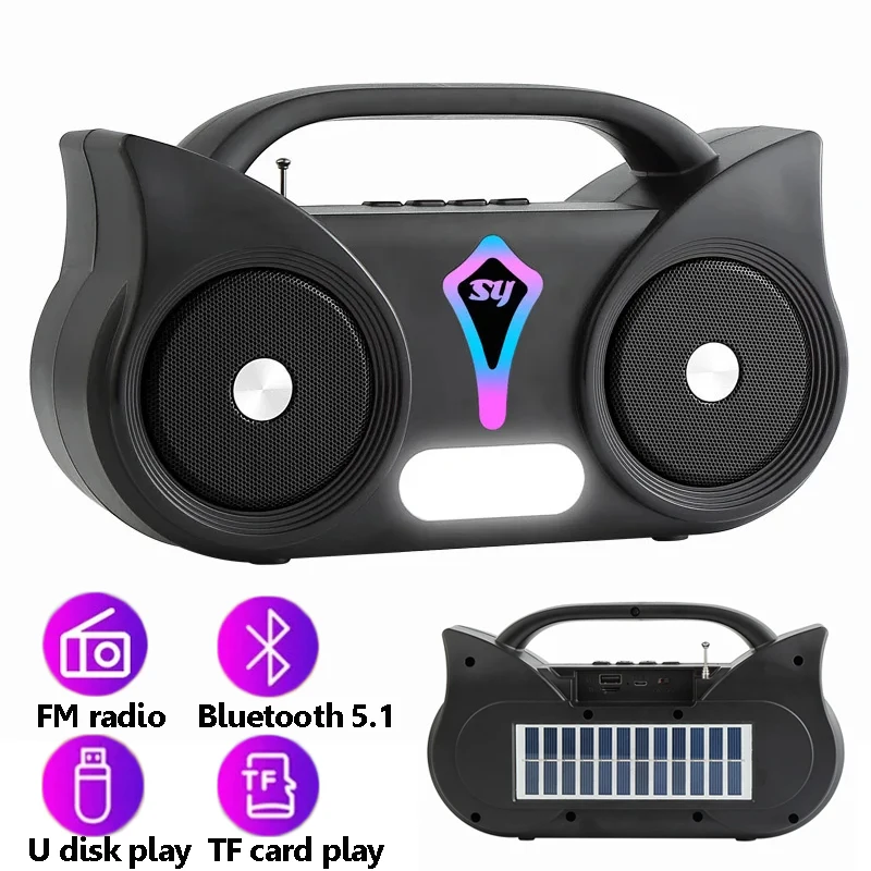 Radio FM portátil con carga Solar para exteriores, altavoz estéreo con Bluetooth, manos libres, reproductor de música, compatible con TF, USB y AUX