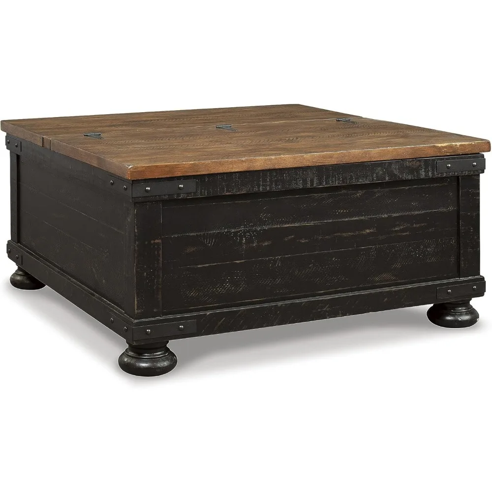 Valebeck Farmhouse Lift Top Coffee Table with Storage, Distressed Brown & Black Finish