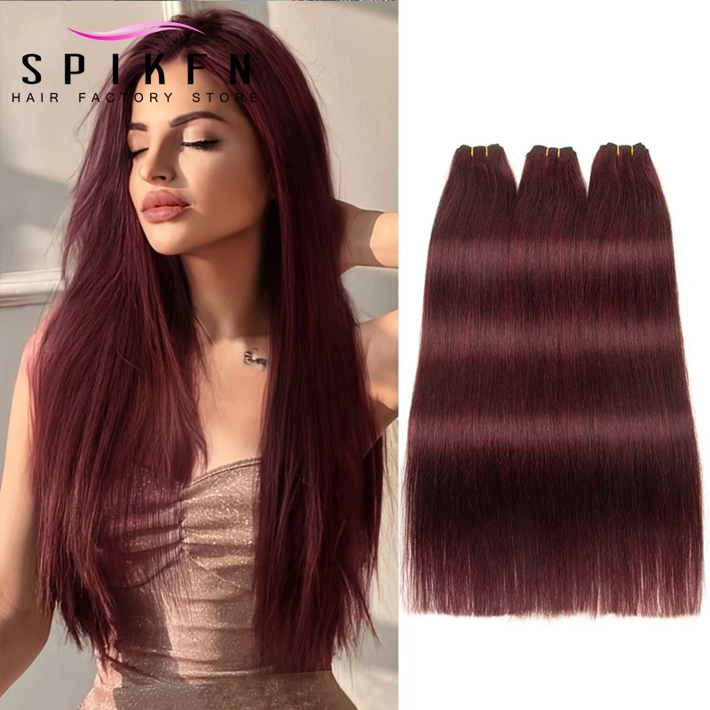 SPIKFN Burgundy Red Human Hair Weft 12"-24" Natural Straight Weft Hair Extensions Sew In Hair Extensions Hair Bundles Wefts 50g