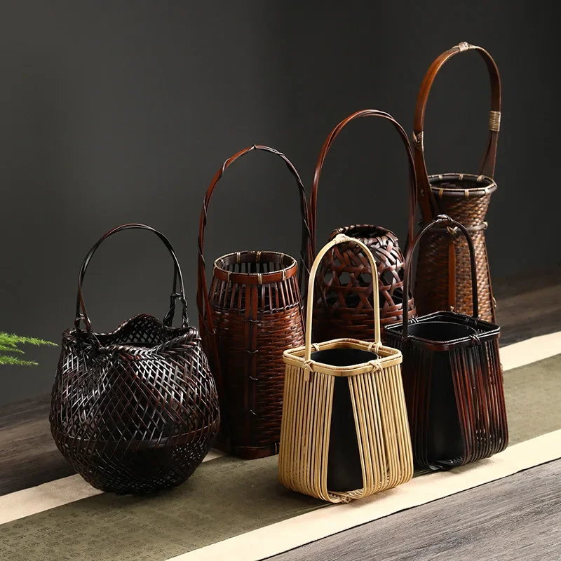 Flower Basket Handmade Bamboo Weaving Flower Basket Vase Flower Arrangement Utensils, Chinese vessels Zen ornaments