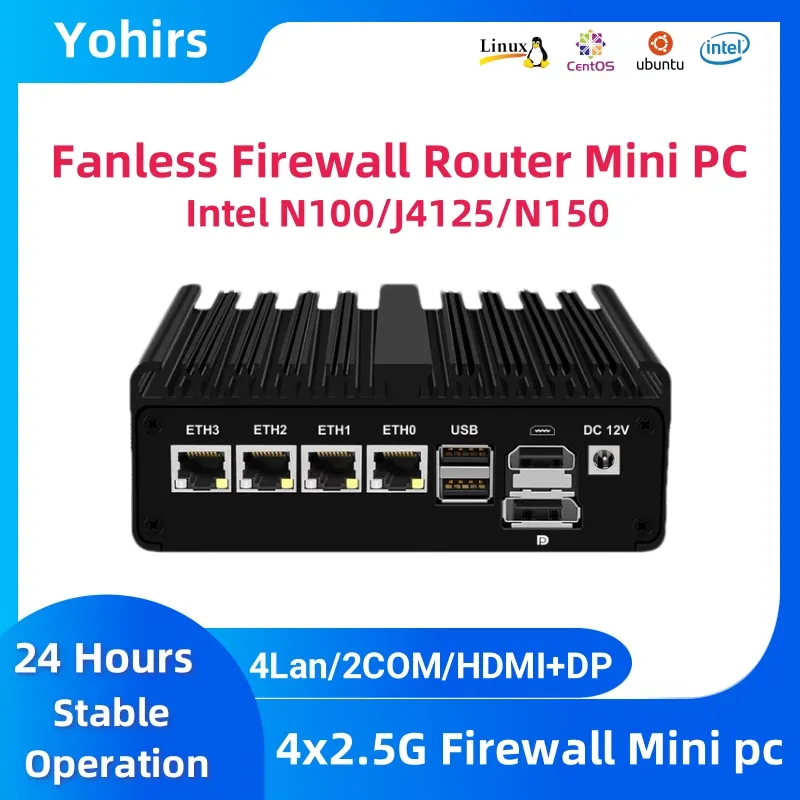 Yohirs كمبيوتر صناعي صغير Inter N150 DDR4 M.2 NVME HDMI2.0 DP 4x2.5G LAN 2COM Win11 Pro Linux PfSense ESXi جدار الحماية 3G 4G WIFI