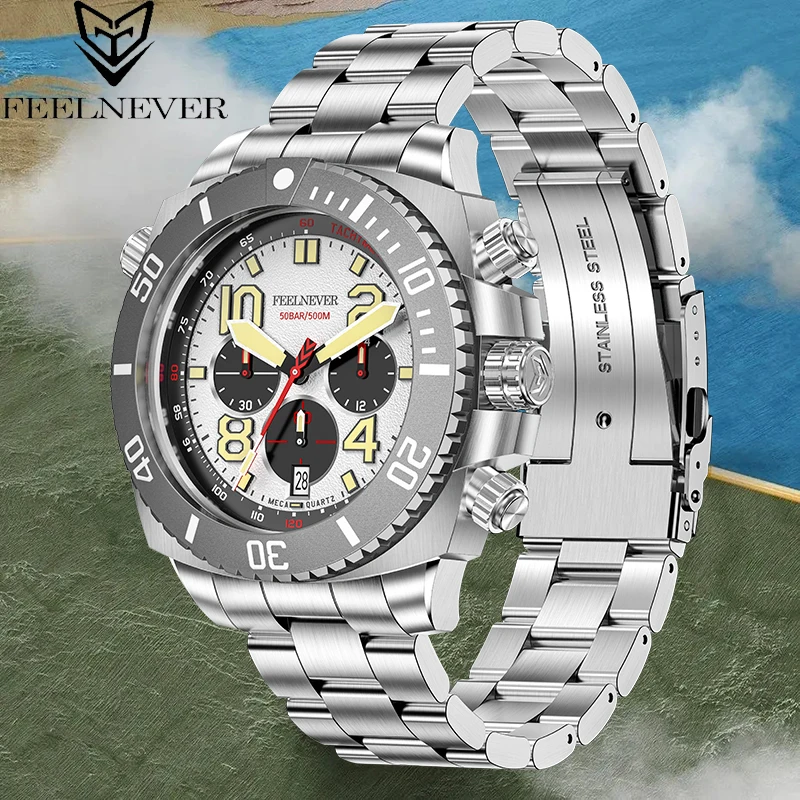 FeelNever แฟชั่นสุภาพบุรุษ 316L สแตนเลสควอตซ์ชายนาฬิกา Casual กีฬาปฏิทิน 500M กันน้ํานาฬิกาส่องสว่างสําหรับบุรุษ
