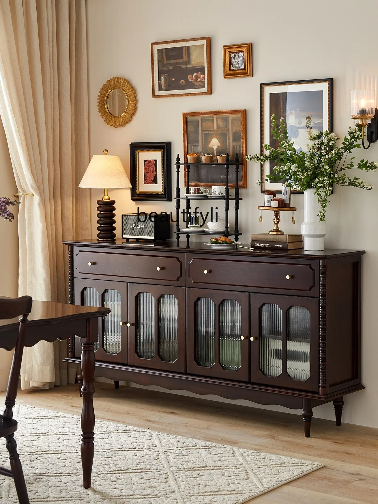 

American Retro Solid Wood Sideboard French Living Room and Kitchen Locker Integrated Wall Cabinet Storage Cabinet Tea Cabinet