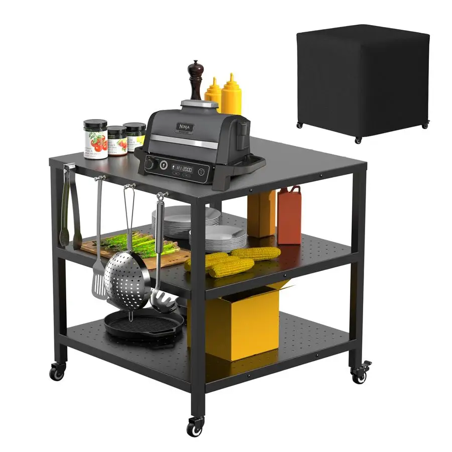

Inch Grill Cart for Outdoor Pizza Oven Table for Ooni, Blackstone, Ninja Grill Stand, ThreeShelf Movable Food Prep and Work Cart