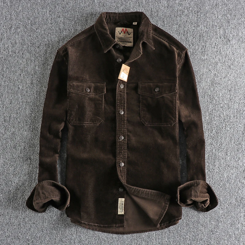 Vintage washed corduroy long-sleeved shirt men\'s simple and loose-fitting winter thick-style shirt coat