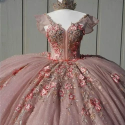 Customized Princess Prom Dresses V Neck Lace Applique Prom Wear Sweet 15 16 Year Girls Birthday Party Gown Vestidos De XV Anos