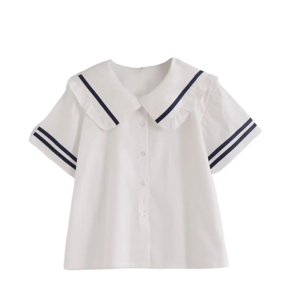 

High Quality Cotton Blouse Blue White Japanese Navy Collar Shirt JK Uniform Summer College Wind Sailor Suit Short Sleeve Shirts