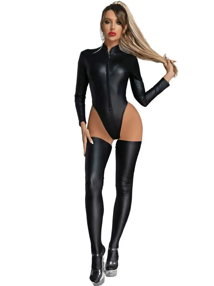 Falso couro do plutônio cosplay outfit altura corte frente zip bodysuit maiô collants sexy clubwear corpo topos + meias collant ursinhos