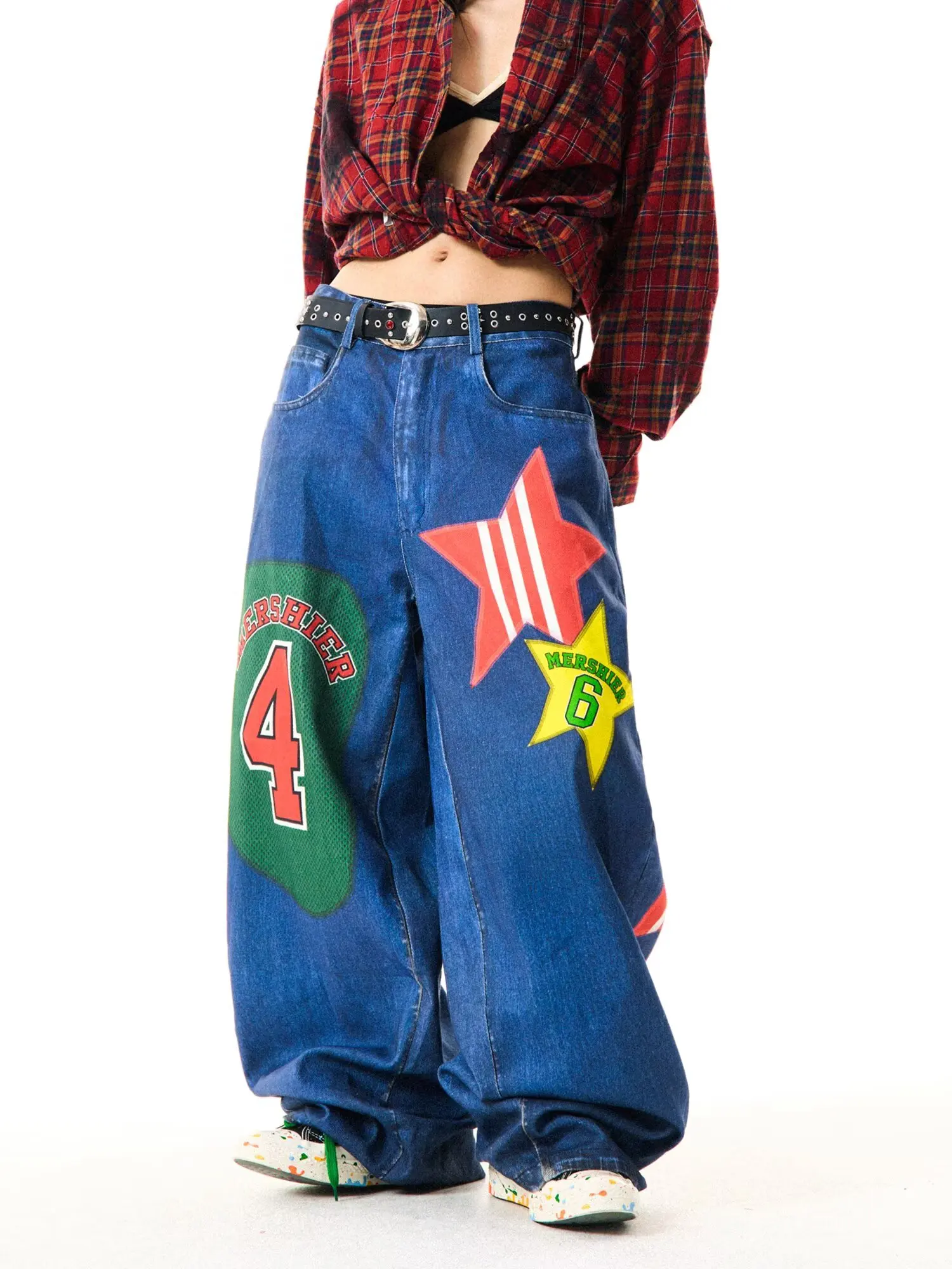 Pantalones vaqueros con estampado de parches de contraste Retro para mujer, Pantalones rectos americanos de Spice Girl, pantalones de pierna ancha de baile callejero coreano 2025