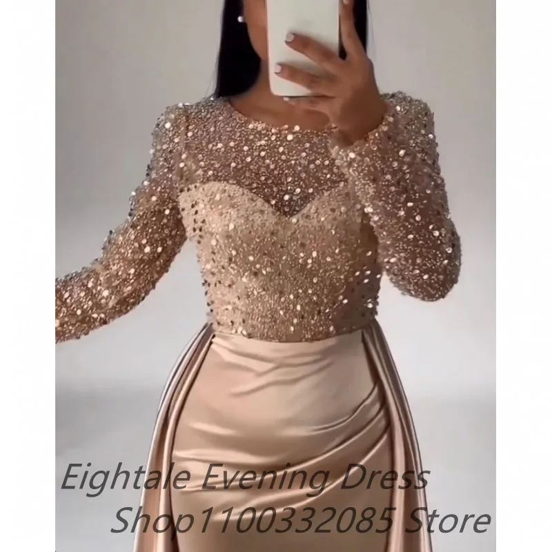 Customized Champagne Floor Length Evening Dresses For Wedding Party Long Sleeve Sequined Formal Prom Dress Dubai Party Gown