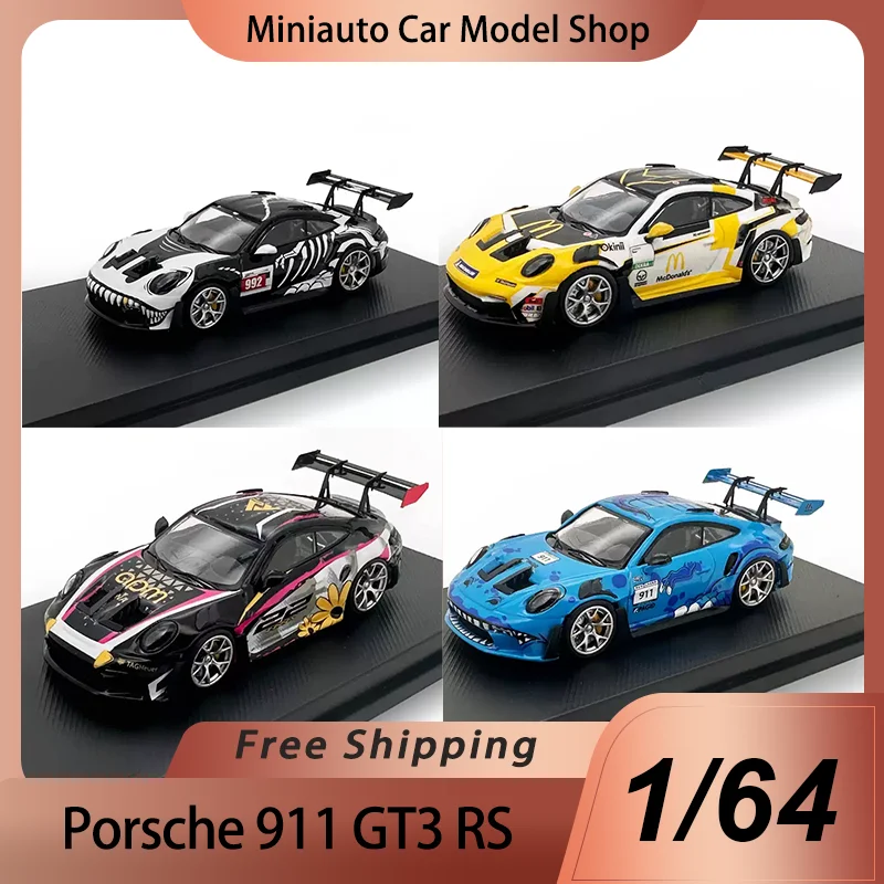 

E Model Alloy Diecast Car Model Toy Miniature 1:64 Porsche 911 Gt3 Rs Shark Mouth Skeleton Livery Collectible For Enthusiasts