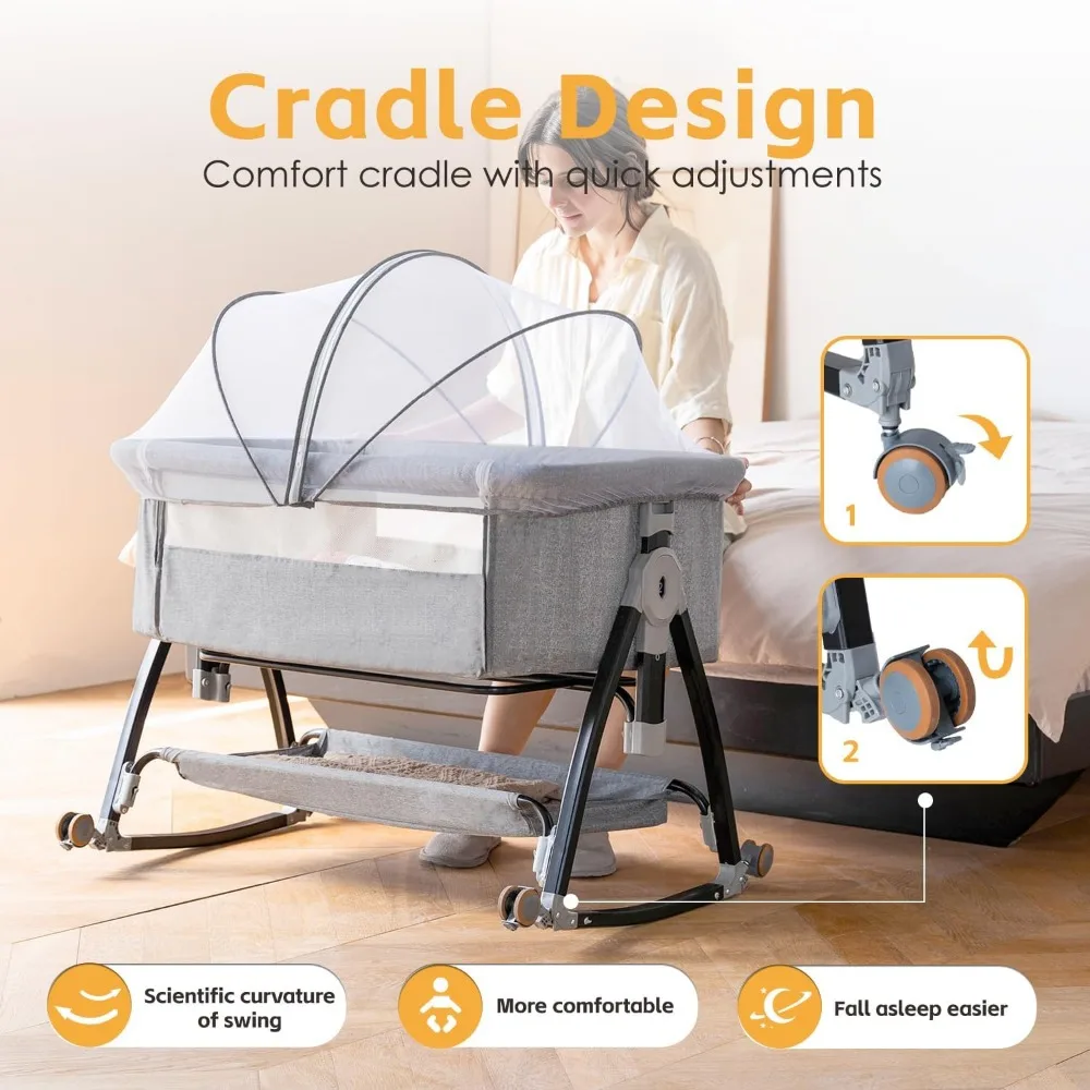 Bedside Crib 3 in 1 Bassinet with Quick Height Adjustment and Mosquito Nets Rocking Bassinet