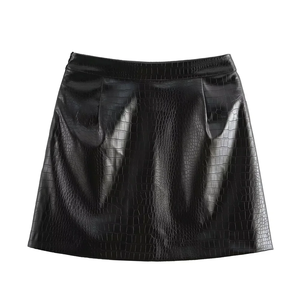 Women's new autumn and winter black A-line pocket imitation leather high waist embossed temperament mini skirt