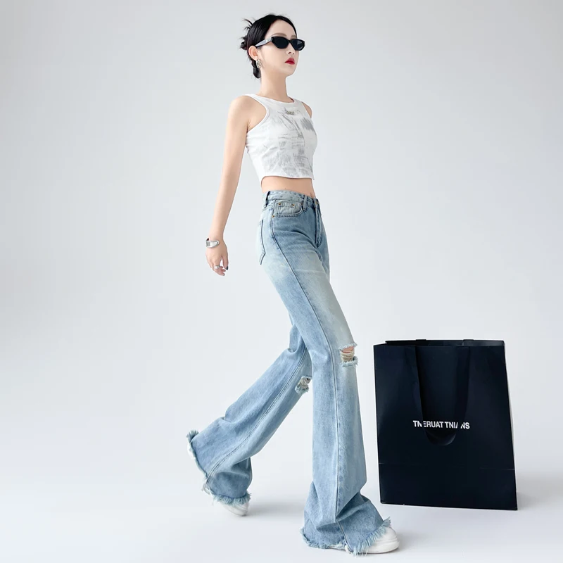 New Fashionable Casual Versatile Light Blue Ripped Jeans Women'S In Summer Thin Cut With Fringed Edge Design Flared Floor Pants