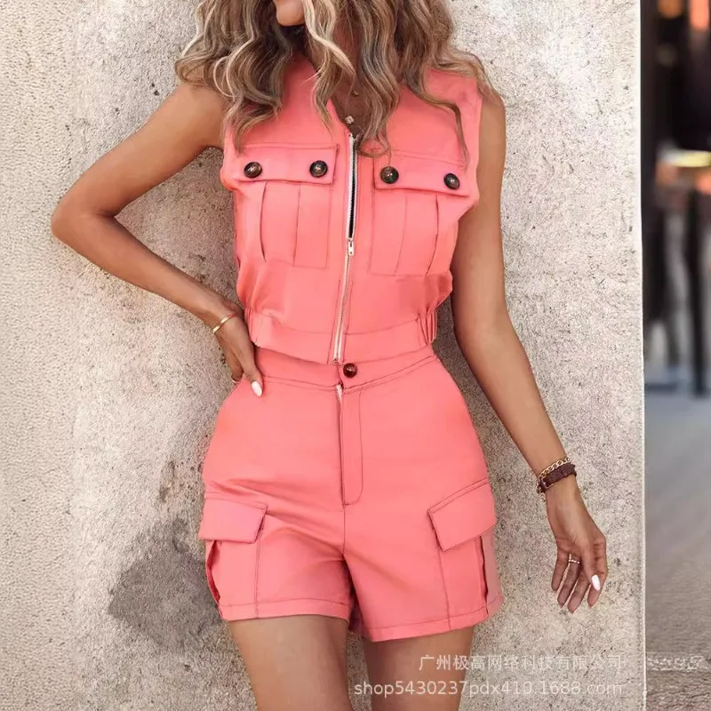 

2024 Spring Summer New Women's Clothing Solid Color Fashion Zipper Pocket Casual Suit