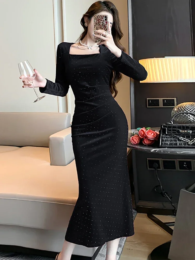 Autumn Winter Red Diamonds Velvet Luxury Prom Dress Korean Elegant Festival Party Dress for Women 2024 Fashion Bodycon Vestidos